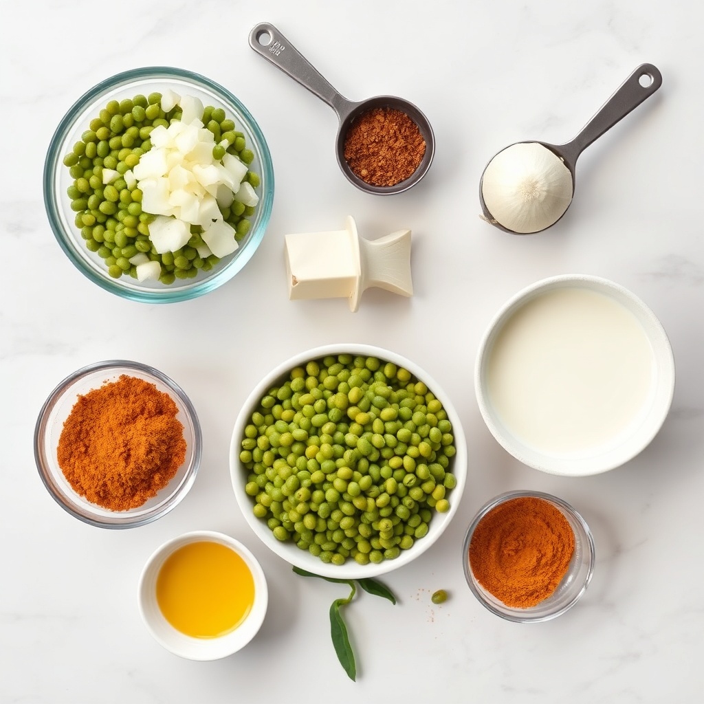 Raw ingredients for lentil curry: lentils, onions, garlic, spices, coconut milk