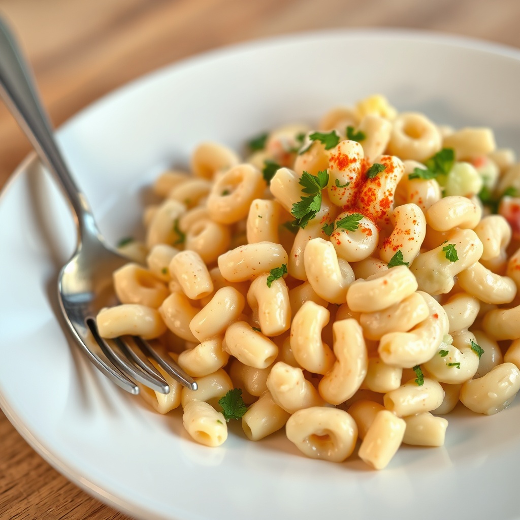 Plated Creamy Macaroni Salad with a fork