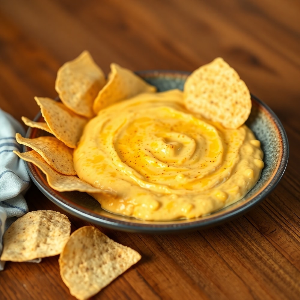 Creamy Street Corn Dip served with tortilla chips on a wooden table