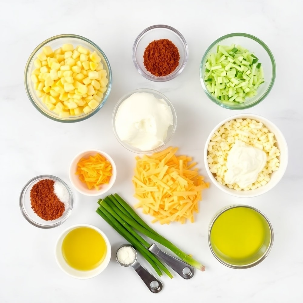 Raw ingredients for creamy street corn dip on a marble surface