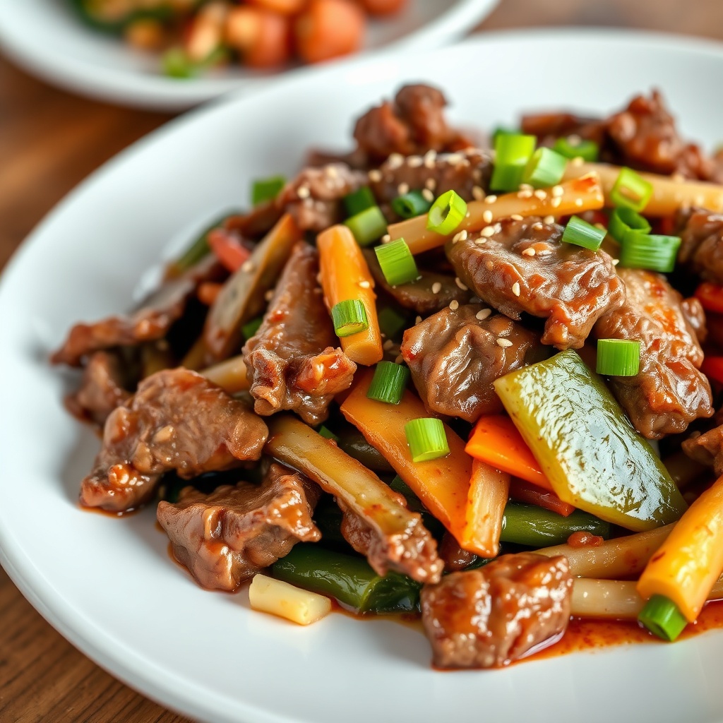 Plated Beef and Vegetable Stir Fry on a white plate
