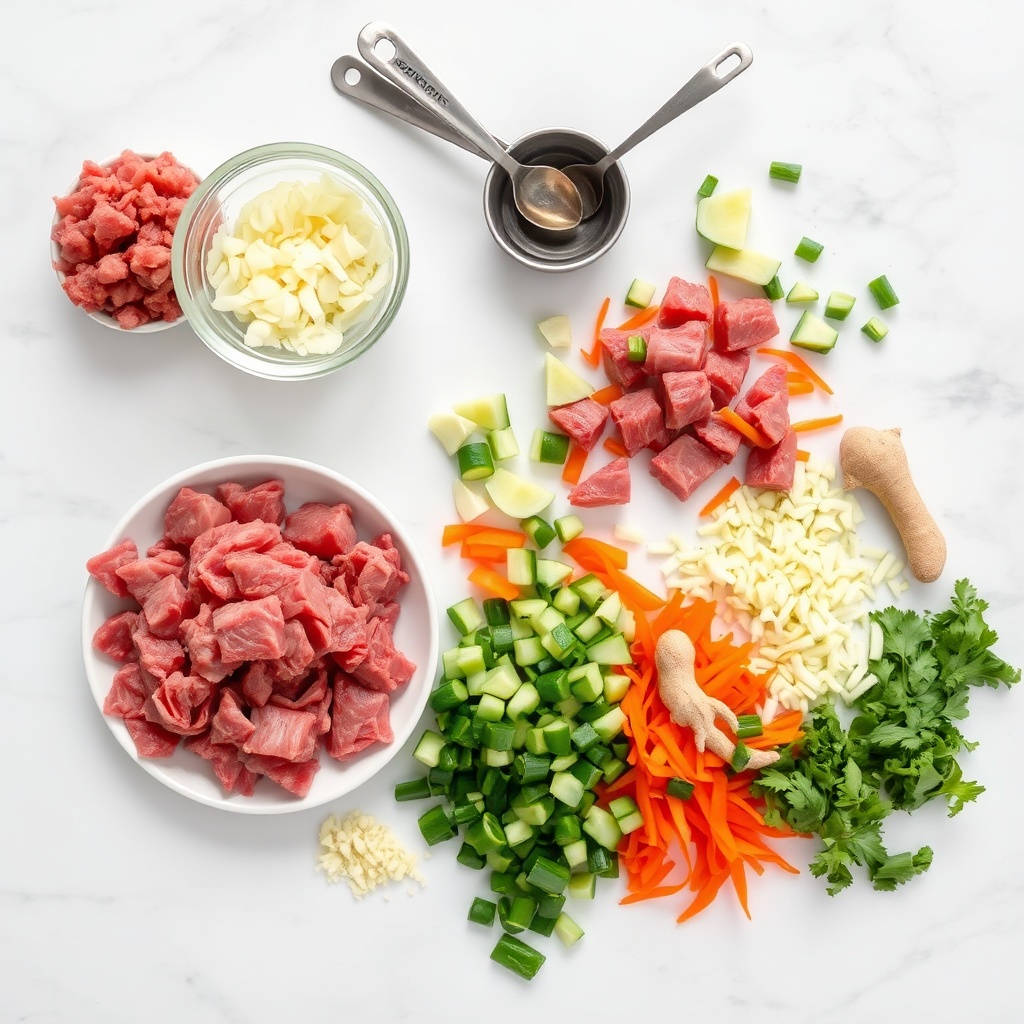 Raw ingredients for Beef and Vegetable Stir Fry on a white marble surface