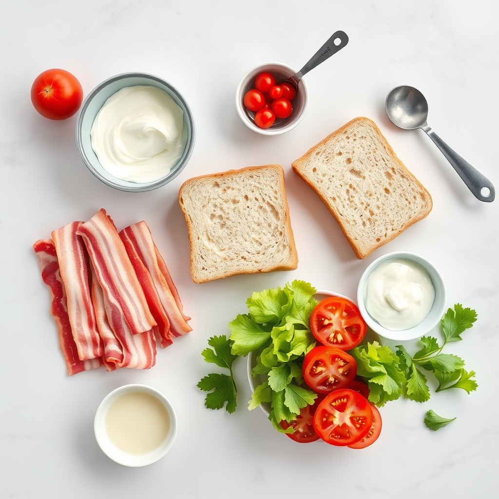 BLT sandwich ingredients on a white marble countertop