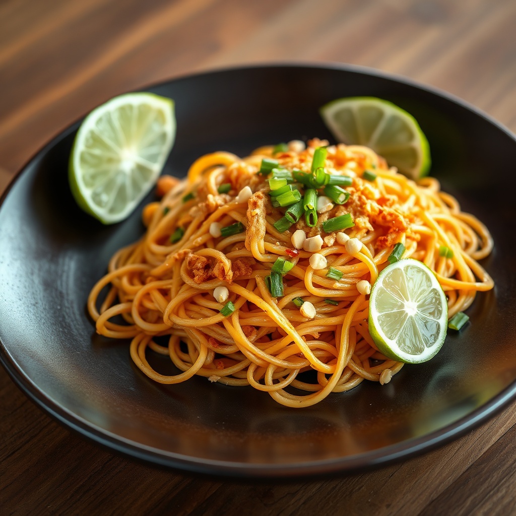 Plated Pad Thai with crispy edges, garlic chives, lime wedges, and crushed peanuts