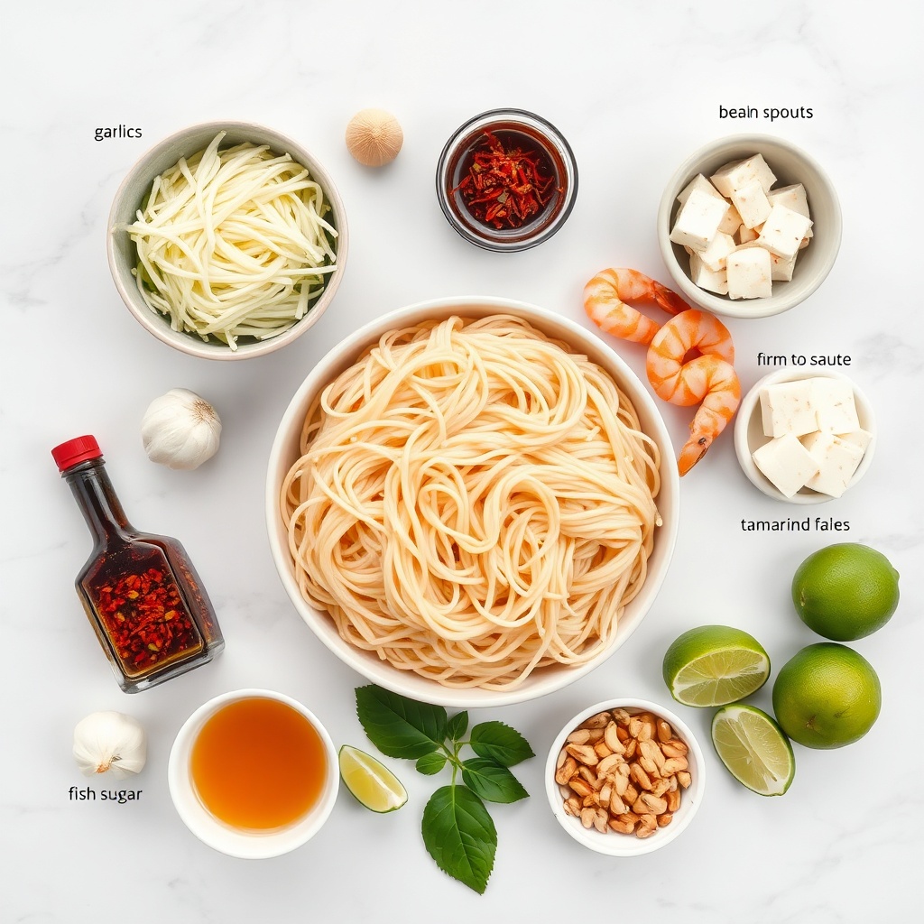 Pad Thai ingredients: rice noodles, bean sprouts, garlic chives, eggs, firm tofu, garlic, shrimp, fish sauce, lime, palm sugar, tamarind paste, red chili flakes, peanuts, lime wedges