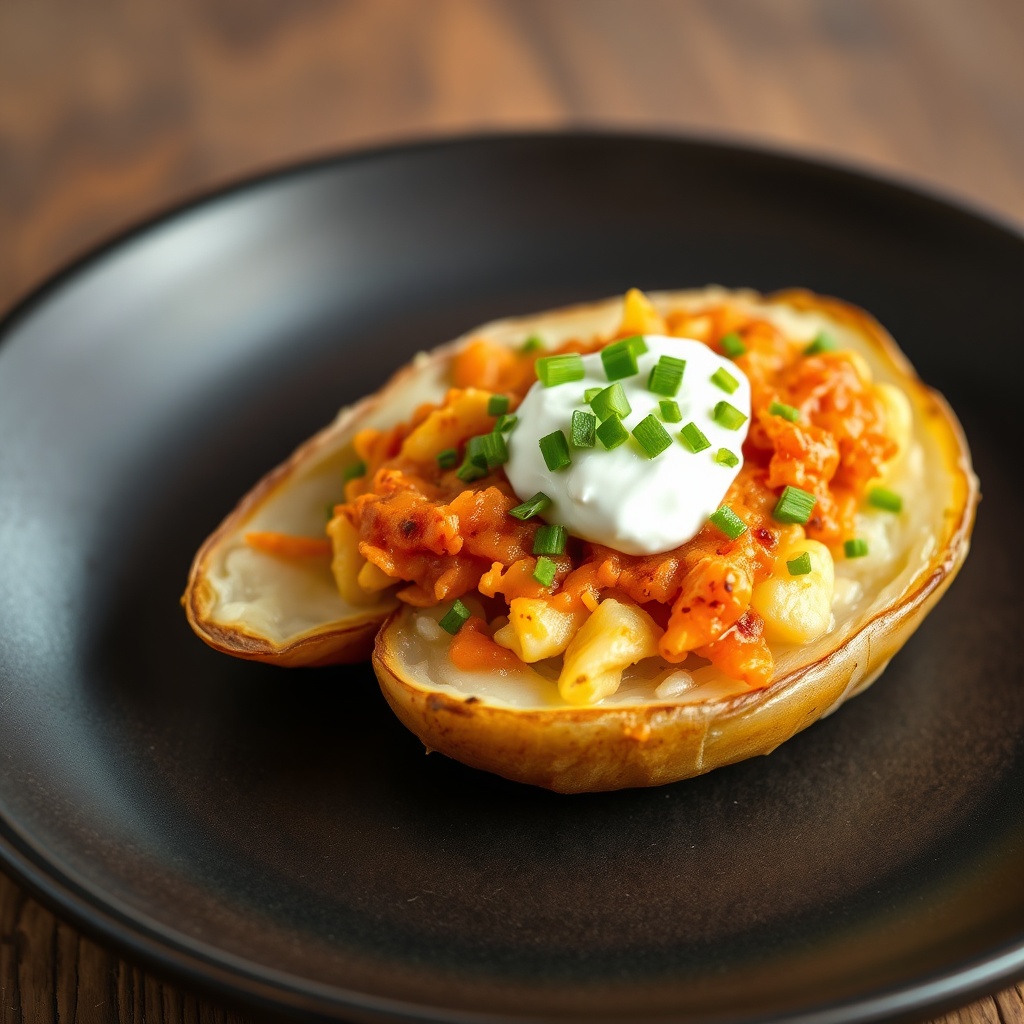 Plated loaded potato skins with sour cream and chives