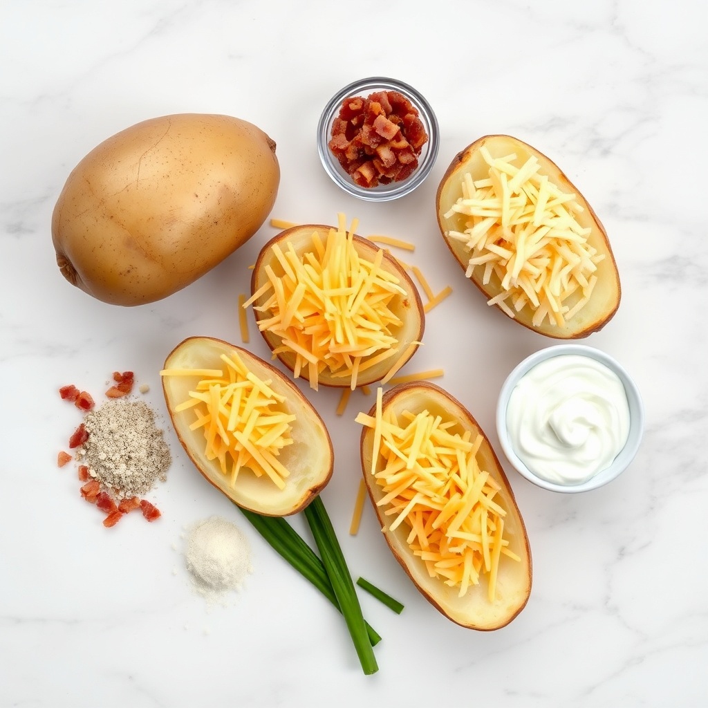 Raw ingredients for loaded potato skins on a marble surface