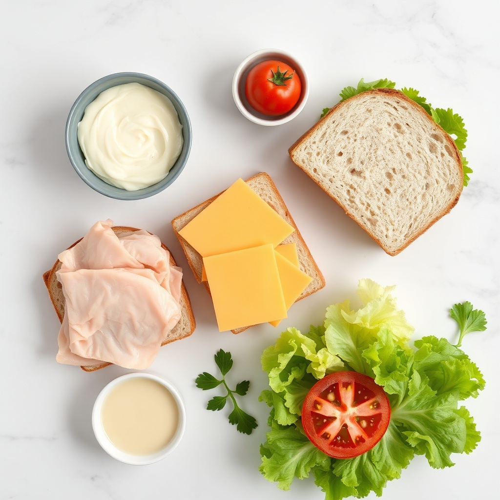 Raw ingredients for crispy turkey sandwich: turkey, cheese, bread, mayo, lettuce, tomato