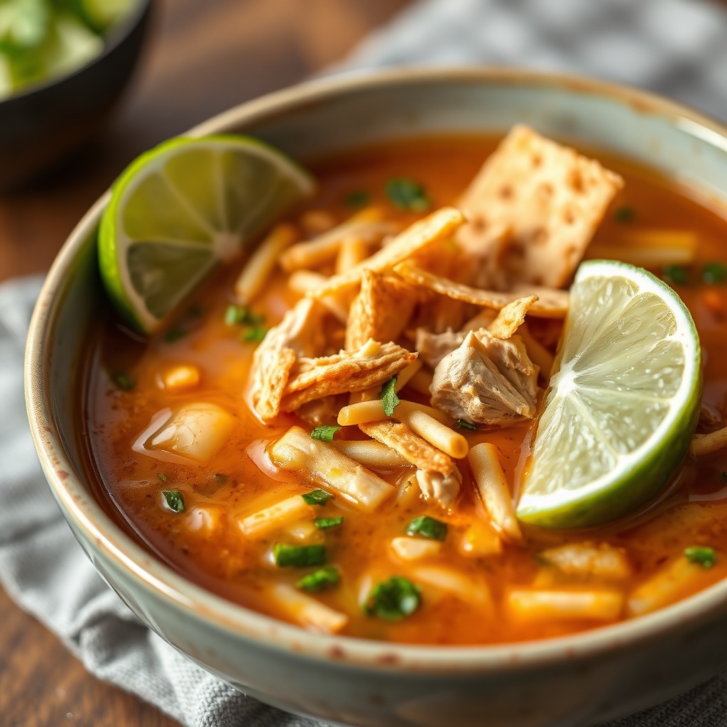 Bowl of Chicken Tortilla Soup with a lime wedge and tortilla strips