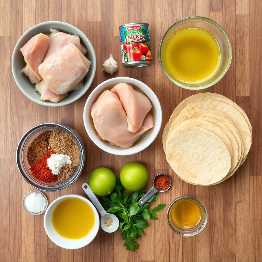 Raw ingredients for Chicken Tortilla Soup on a wooden surface