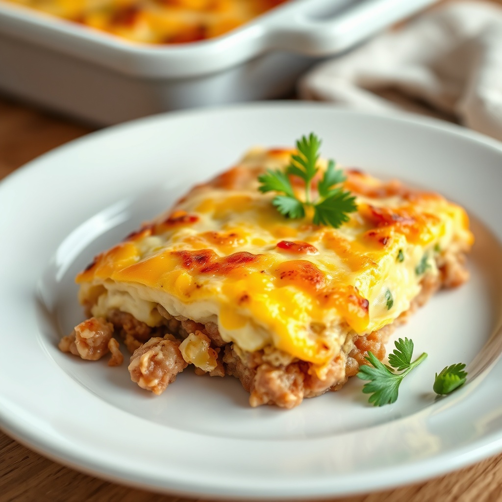 Plated serving of sausage and egg casserole with fresh parsley