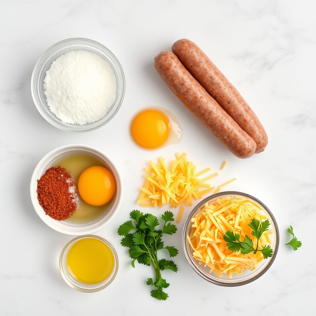 Raw ingredients for sausage and egg casserole arranged in a flat lay