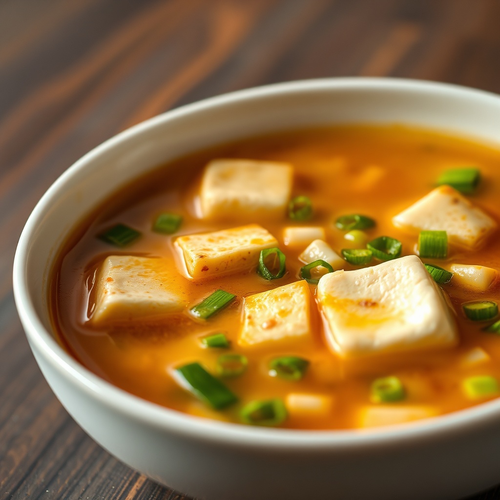 Bowl of Hot and Sour Soup with green onions and tofu
