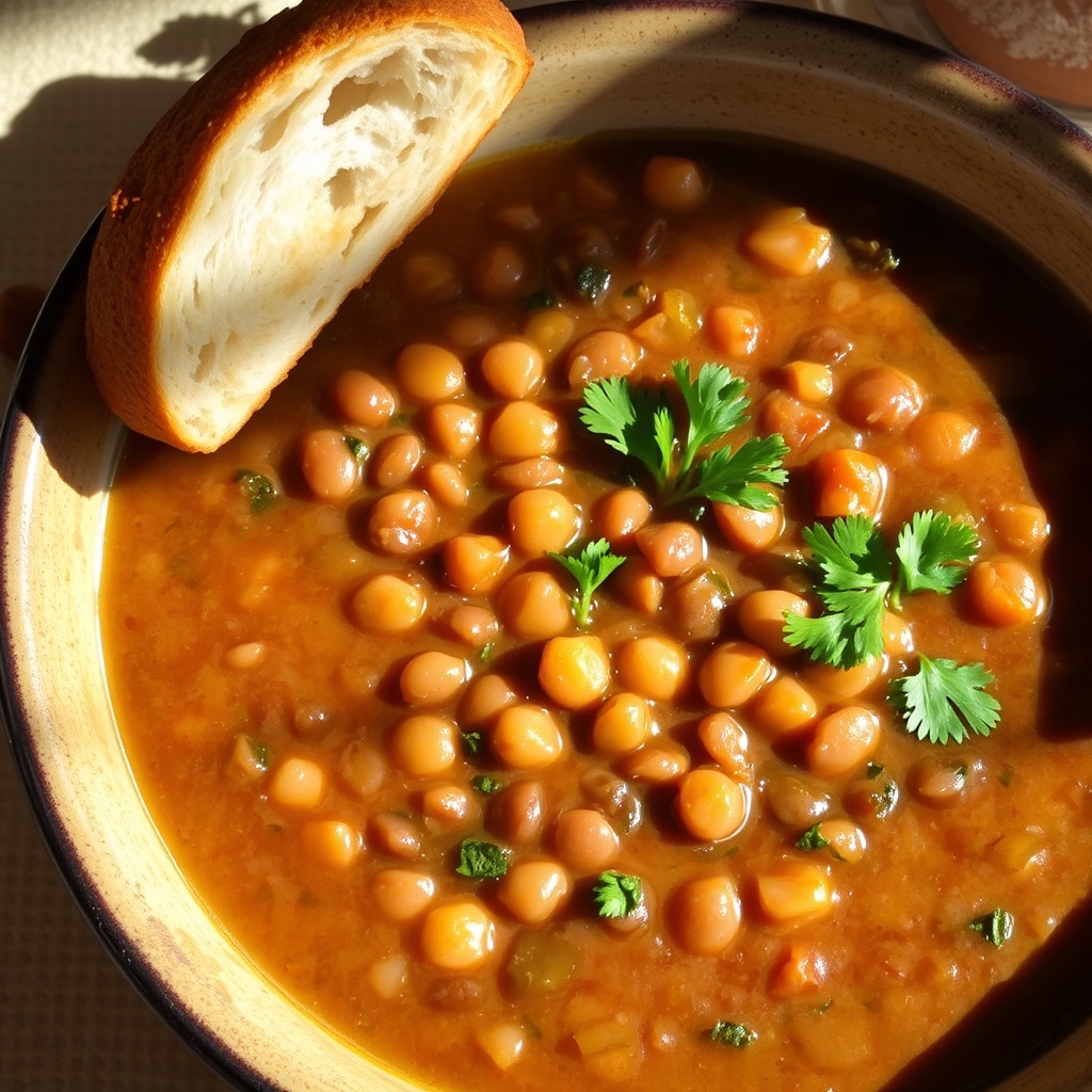 Bowl of lentil soup with a sprinkle of fresh parsley