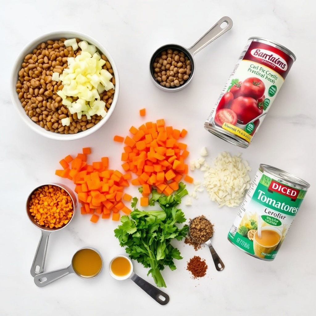 Ingredients for lentil soup: lentils, onion, carrots, celery, garlic, canned tomatoes, vegetable broth