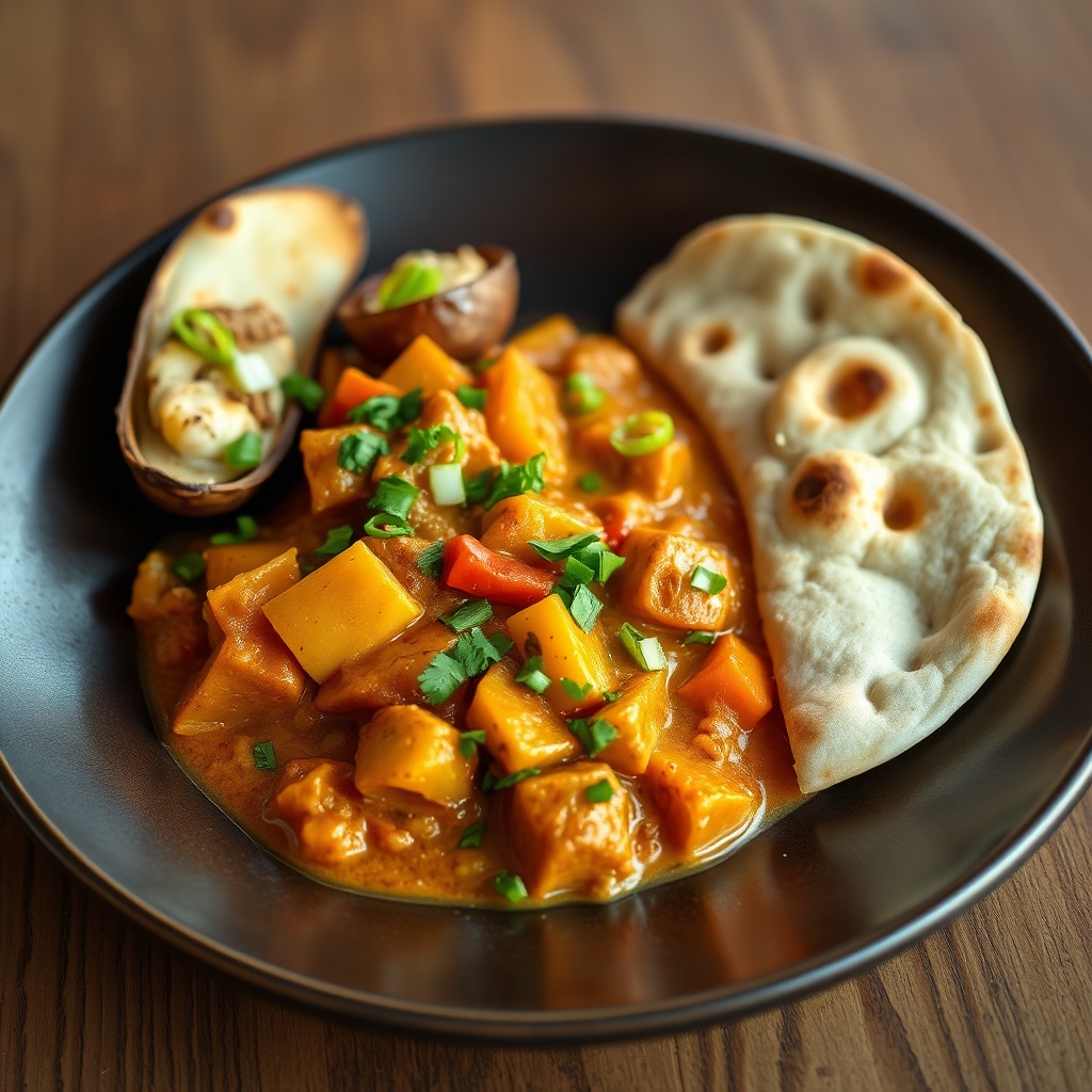 Plated vegetable curry with naan bread and a side of loaded potato skins