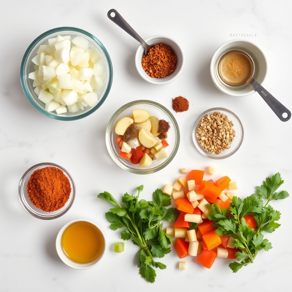 Arrangement of curry ingredients including onions, garlic, ginger, spices, and vegetables